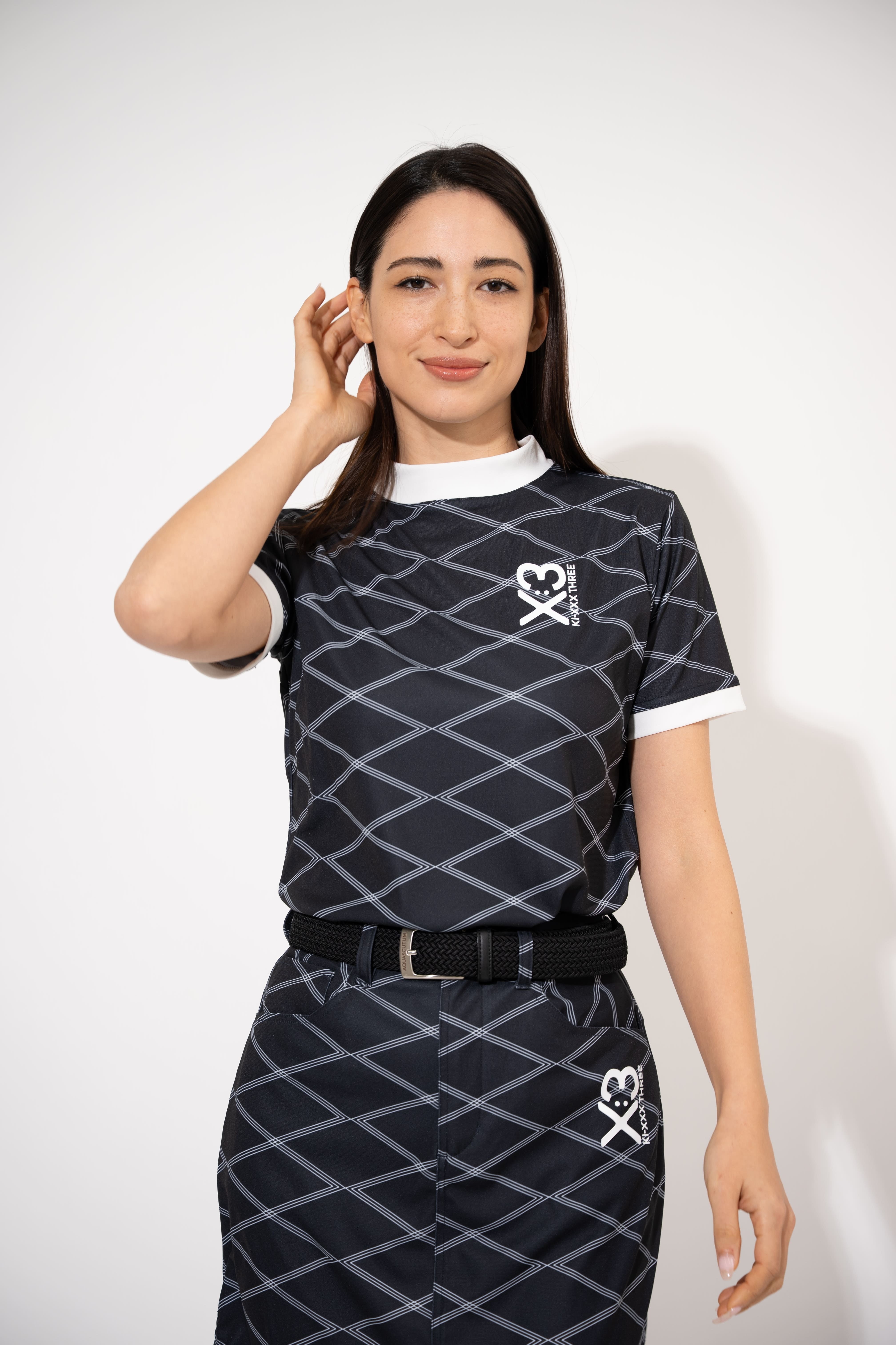 新品未使用品　KI-X THREE　レディースモックネックTシャツ　ブラック　S レディースゴルフウェア 半袖シャツ｜X3昇華プリントモック
